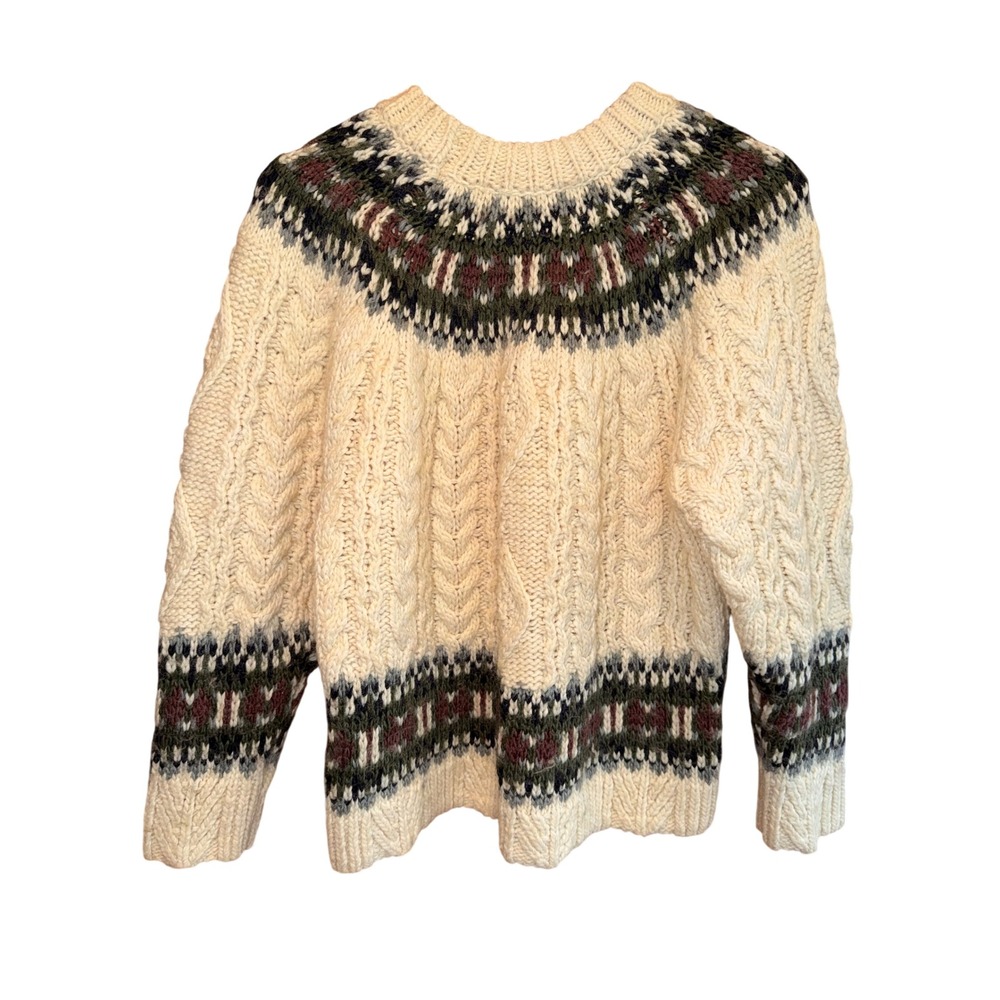 Zara Fair Isle Cable Knit Wool Blend Sweater Womens S Cream Green Burgundy - Picture 3 of 7